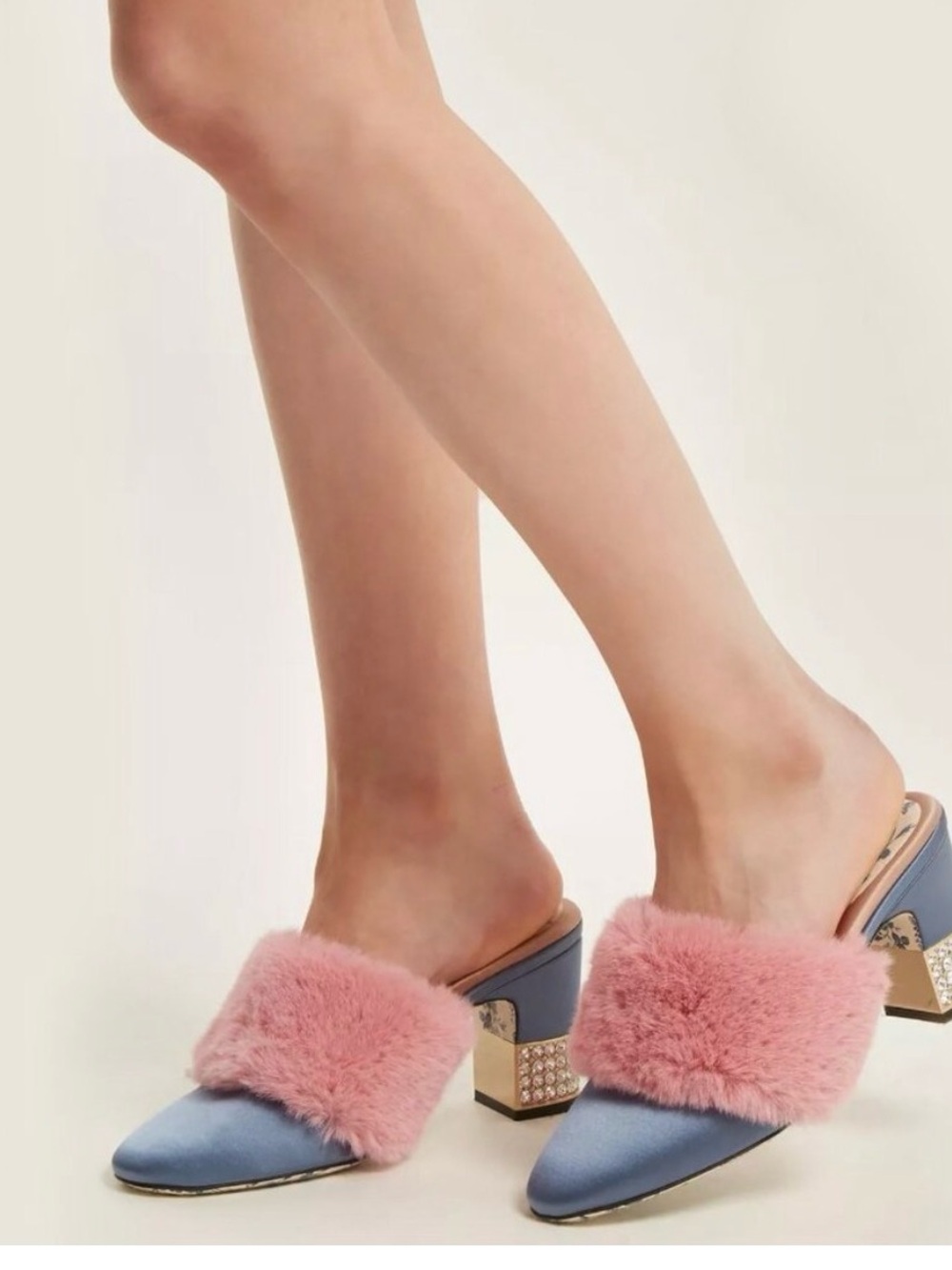 GUCCI SHOES CANDY SATIN AND FAUX FUR MULES CRYSTAL HEEL sz IT 35.5 US 5.5